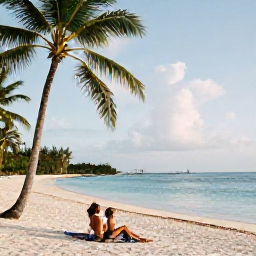 Caribbean Holidays, Cayman Islands Adults Only, Adults relaxing beside a calm turquoise Caribbean sea on Seven Mile Beach in the Cayman Islands, with soft November sunshine and palm trees