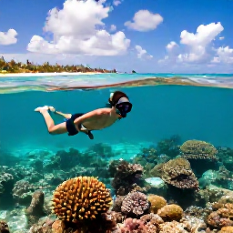 Caribbean Holidays, Cayman Islands Adults Only, Couple snorkelling over colourful coral and tropical fish in crystal-clear water near Grand Cayman, with a bright Caribbean coastline in the background