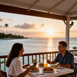 Caribbean Holidays, Cayman Islands Adults Only, Outdoor Caribbean restaurant in Grand Cayman at sunset, with a couple dining beside the sea, fresh seafood and warm November evening light
