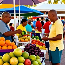 Caribbean Holidays, Cayman Islands All Inclusive, A colourful Cayman Islands market with fresh local food, tropical fruit and friendly visitors in warm afternoon light