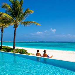 Caribbean Holidays, Cayman Islands All Inclusive, A couple relaxing beside an infinity pool overlooking Seven Mile Beach, with tropical palms and clear Caribbean water