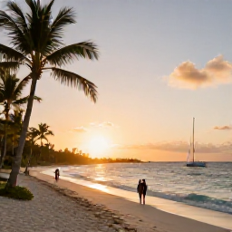 Caribbean Holidays, Cayman Islands All Inclusive, A peaceful sunset over a Cayman Islands beach, with palm trees, gentle waves and a couple walking along the shoreline