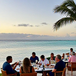 Caribbean Holidays, Cayman Islands April, A relaxed Caribbean evening on Grand Cayman, with diners enjoying a beachfront restaurant as the sun sets over calm turquoise water