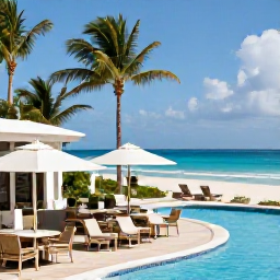 Caribbean Holidays, Cayman Islands April, An inviting all-inclusive resort in Grand Cayman beside a palm-fringed beach, showing an outdoor restaurant, swimming pool and sun loungers