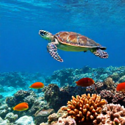 Caribbean Holidays, Cayman Islands April, Colourful reef fish and a sea turtle swimming above coral in the clear waters of Grand Cayman