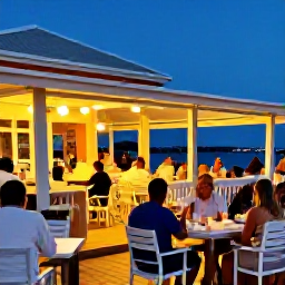 Caribbean Holidays, Cayman Islands April, Colourful waterfront restaurant in George Town, Grand Cayman, with outdoor tables, local seafood and visitors enjoying an evening meal