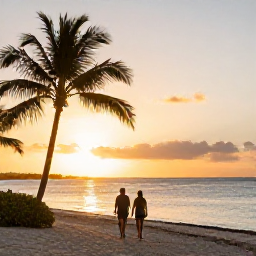 Caribbean Holidays, Cayman Islands April, Couple walking along a quiet Cayman Islands beach at sunset, warm golden light, palm silhouettes and calm sea