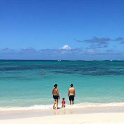 Caribbean Holidays, Cayman Islands April, Couples and families enjoying a calm April morning on Seven Mile Beach, Grand Cayman, with clear shallow sea and white sand