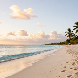 Caribbean Holidays, Cayman Islands April, Seven Mile Beach in Grand Cayman at sunrise, calm turquoise water, soft white sand, a few palm trees and relaxed holiday atmosphere