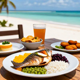 Caribbean Holidays, Cayman Islands April, Traditional Caymanian food served at a casual seaside table, including fresh fish, fritters, rice and peas, with the Caribbean sea in the background