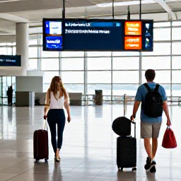 Caribbean Holidays, Cayman Islands April, Travellers moving between Caribbean destinations with luggage near a bright airport, suggesting a well-planned multi-country holiday from Grand Cayman