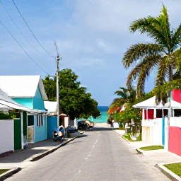 Caribbean Holidays, Cayman Islands April, Visitors exploring a quiet Cayman Islands village road near the coast, with colourful buildings, tropical greenery and glimpses of turquoise water