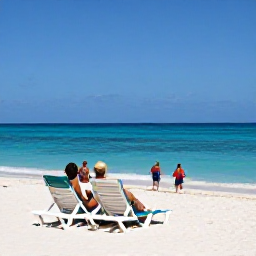 Caribbean Holidays, Cayman Islands April, Visitors relaxing on Seven Mile Beach in Grand Cayman, clear Caribbean sea, sun loungers, gentle waves and a casual beach holiday scene