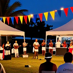 Caribbean Holidays, Cayman Islands April, Warm evening scene at a Cayman Islands cultural festival, with local musicians, colourful decorations and visitors enjoying the relaxed atmosphere