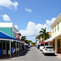 Caribbean Holidays, Cayman Islands August, Colourful George Town street with Caribbean buildings, local shops and visitors exploring Grand Cayman