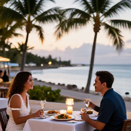 Caribbean Holidays, Cayman Islands August, Couple dining outdoors at a relaxed waterfront restaurant in George Town, Caribbean dishes, soft evening light and palm trees