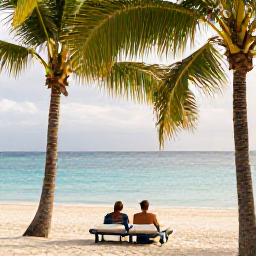Caribbean Holidays, Cayman Islands August, Couple relaxing on a quiet white-sand beach in Grand Cayman beneath palm trees, calm turquoise sea, warm Caribbean light