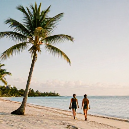 Caribbean Holidays, Cayman Islands August, Couple walking on a quiet Cayman Islands beach at golden hour, palm trees and calm turquoise sea
