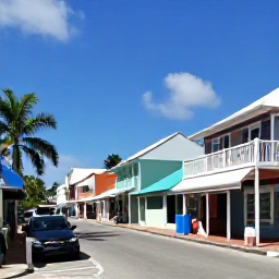 Caribbean Holidays, Cayman Islands August, Friendly Caribbean town street in George Town, Cayman Islands, with colourful buildings, local shops and palm trees