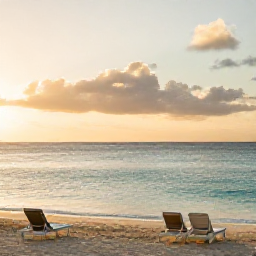Caribbean Holidays, Cayman Islands August, Quiet Seven Mile Beach in Grand Cayman at sunset, soft golden sky, calm turquoise water and two empty sun loungers