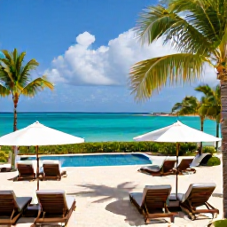 Caribbean Holidays, Cayman Islands August, Relaxed all-inclusive beach resort on Grand Cayman with loungers, palm trees, pool and turquoise Caribbean water