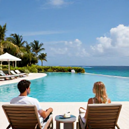 Caribbean Holidays, Cayman Islands August, Stylish adults-only resort in Grand Cayman with an infinity pool, loungers, tropical gardens and a couple enjoying a quiet afternoon