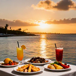 Caribbean Holidays, Cayman Islands August, Sunset over a Caribbean harbour with a table of fresh seafood and tropical drinks, Cayman Islands holiday scene