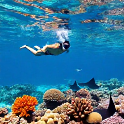 Caribbean Holidays, Cayman Islands August, Visitors snorkelling above a colourful coral reef in clear Caribbean water near Grand Cayman, tropical fish and rays visible below