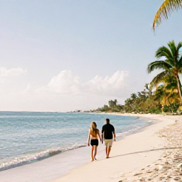 Caribbean Holidays, Cayman Islands Beaches, Couple walking along the calm shoreline of Seven Mile Beach, Grand Cayman, with palm trees, gentle waves and winter sunshine