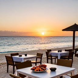 Caribbean Holidays, Cayman Islands Beaches, Relaxed Cayman Islands beach restaurant at sunset, outdoor tables, fresh seafood and calm Caribbean sea