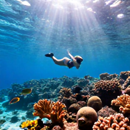 Caribbean Holidays, Cayman Islands Beaches, Snorkeller exploring a colourful coral reef in clear Cayman Islands water, tropical fish, sunlight from the surface