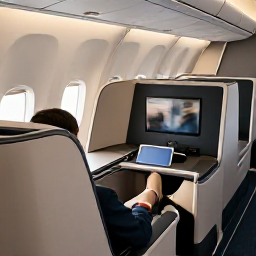 Caribbean Holidays, Cayman Islands Business Class, Business class passenger relaxing in a comfortable aircraft seat on a flight to the Cayman Islands, modern cabin, soft lighting