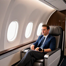 Caribbean Holidays, Cayman Islands Business Class, Business class passenger relaxing in a spacious aircraft seat during a comfortable flight to the Cayman Islands