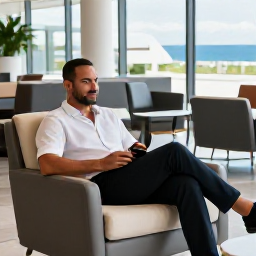 Caribbean Holidays, Cayman Islands Business Class, Business class traveller relaxing in a comfortable airport lounge before a flight to the Cayman Islands