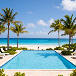 Caribbean Holidays, Cayman Islands Business Class, Elegant beachfront resort in Grand Cayman with palm trees, swimming pool and blue Caribbean sea