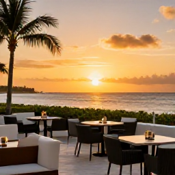 Caribbean Holidays, Cayman Islands Business Class, Elegant Cayman Islands beachfront resort at sunset with a stylish outdoor dining area
