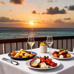 Caribbean Holidays, Cayman Islands Business Class, Elegant Cayman Islands restaurant serving fresh seafood at sunset beside the Caribbean Sea