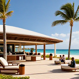 Caribbean Holidays, Cayman Islands Business Class, Luxury beachfront resort in Grand Cayman with palm trees, a welcoming lobby and guests enjoying December sunshine