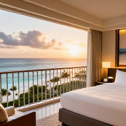Caribbean Holidays, Cayman Islands Business Class, Luxury Cayman Islands hotel room with balcony overlooking a tropical beach at sunset