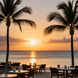 Caribbean Holidays, Cayman Islands Business Class, Romantic Cayman Islands sunset over calm Caribbean sea with beachfront restaurant tables and palm silhouettes