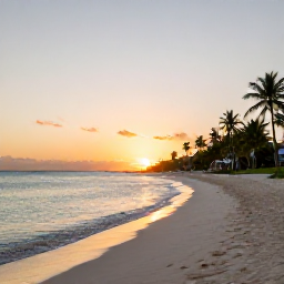 Caribbean Holidays, Cayman Islands Business Class, Seven Mile Beach in Grand Cayman at sunset in December, calm turquoise water, white sand and palm trees