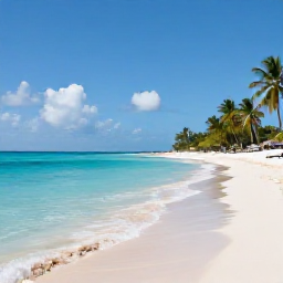 Caribbean Holidays, Cayman Islands Business Class, Sunlit Seven Mile Beach in Grand Cayman with calm turquoise water, white sand and a few palm trees