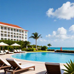 Caribbean Holidays, Cayman Islands December, Comfortable beachfront all-inclusive resort in Grand Cayman with sun loungers, swimming pool, tropical gardens and guests enjoying a December holiday