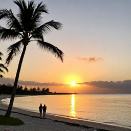 Caribbean Holidays, Cayman Islands December, Golden sunset over Seven Mile Beach in Grand Cayman, calm Caribbean water, palm silhouettes and a couple walking along the shore