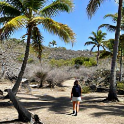 Caribbean Holidays, Cayman Islands December, Hiker walking through a peaceful Cayman Islands nature trail with palms, dry woodland and limestone landscape, clear December daylight, realistic travel photograph
