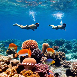 Caribbean Holidays, Cayman Islands December, Snorkellers swimming above a colourful coral reef in clear Cayman Islands water, tropical fish, sunlight filtering through the sea, realistic travel photograph