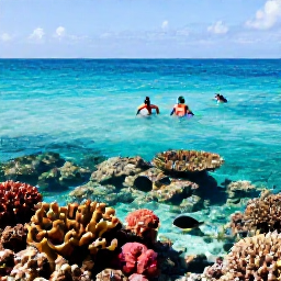 Caribbean Holidays, Cayman Islands December, Snorkellers viewing colourful coral and tropical fish in clear shallow water near Grand Cayman, bright Caribbean light and calm sea