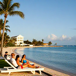 Caribbean Holidays, Cayman Islands February, Adults relaxing beside a calm turquoise sea at a stylish Cayman Islands resort in warm February sunshine