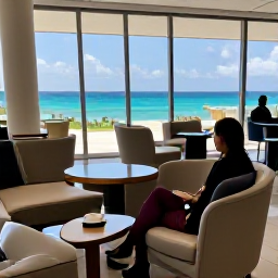 Caribbean Holidays, Cayman Islands February, Business class passenger relaxing in an elegant airport lounge before a flight to the sunny Cayman Islands