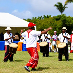 Caribbean Holidays, Cayman Islands February, Caymanian cultural performers in traditional dress playing drums and dancing at an outdoor heritage celebration